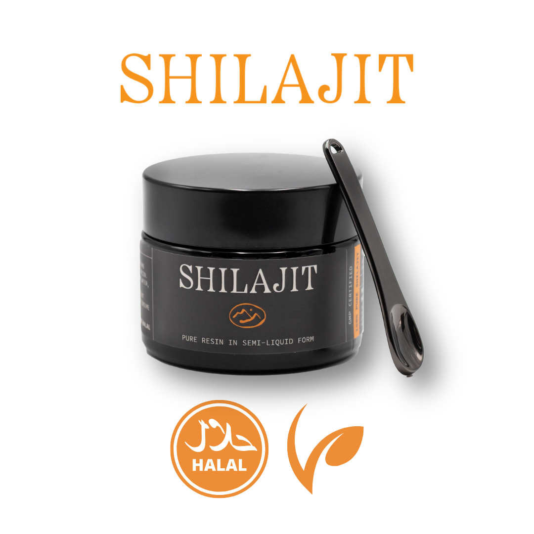 Black jar of Shilajit with a metal scoop on a white background, featuring 'Shilajit' text and halal certification logos.