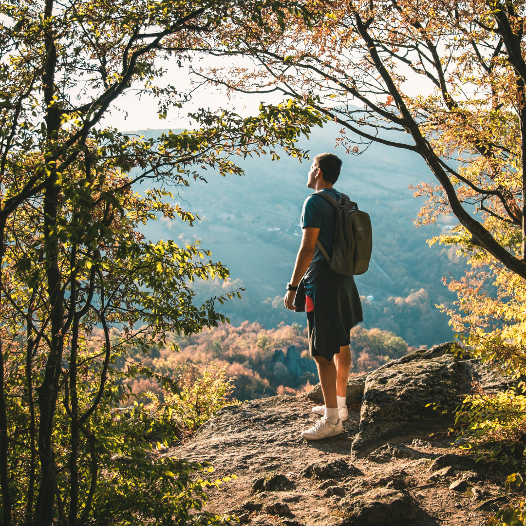 Person with a backpack standing on a rocky outcrop overlooking a scenic landscape.