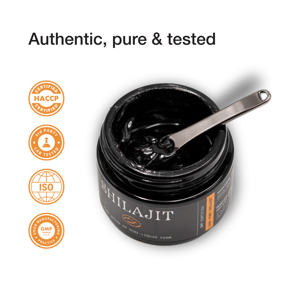 Jar of Shilajit with a spoon, surrounded by certification logos on a white background