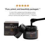 Shilajit product with packaging and a five-star rating text on a white background