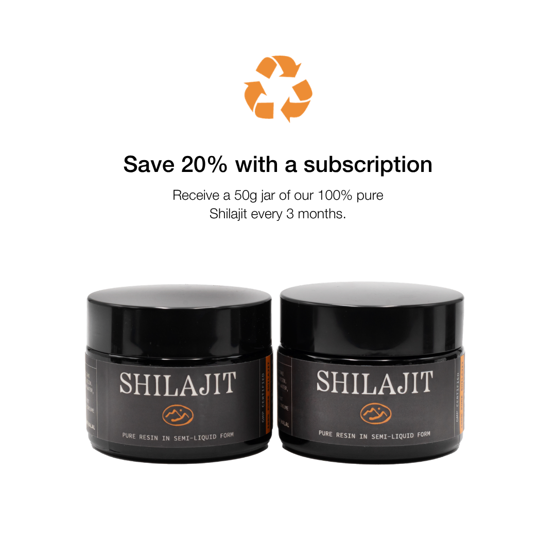 Two jars of Shilajit with a recycling symbol and promotional text on a white background
