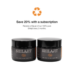 Two jars of Shilajit with a recycling symbol and promotional text on a white background