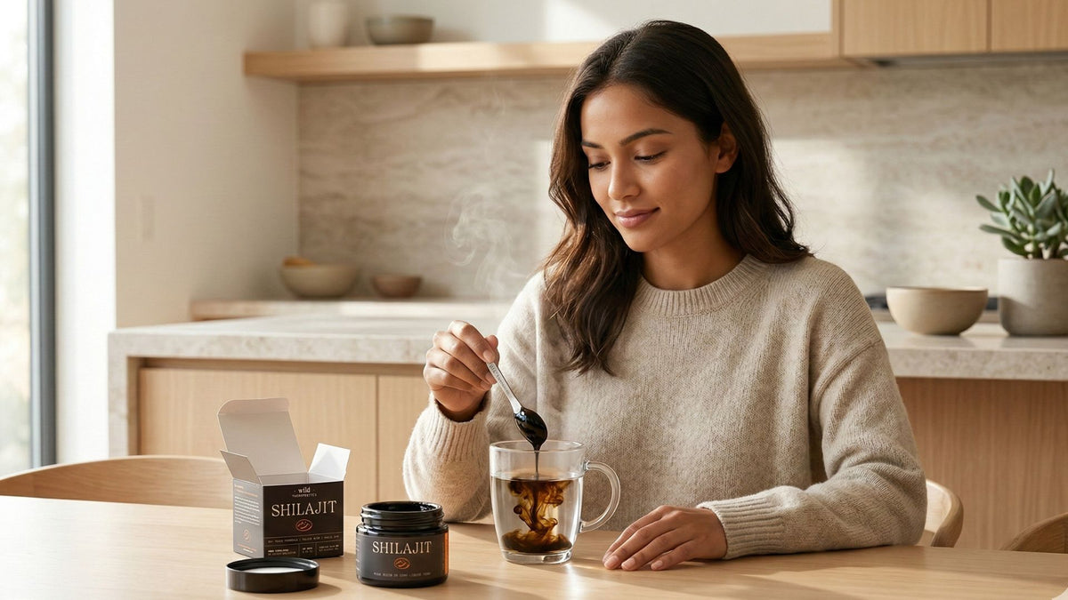a woman drinking hot water with Shilajit
